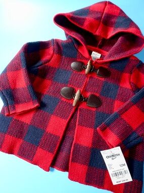 OshKosh BGosh Wool Blend 12 Month Plaid Jacket Hoodie Toggle Red Blue Unisex NWT